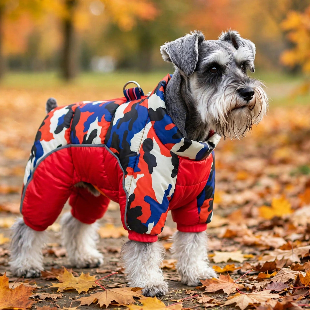 Schnauzer portant un manteau pour chien camouflage rouge, dehors en automne
