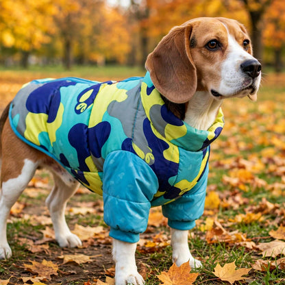 Beagle portant un manteau pour chien camouflage turquoise, en promenade en automne
