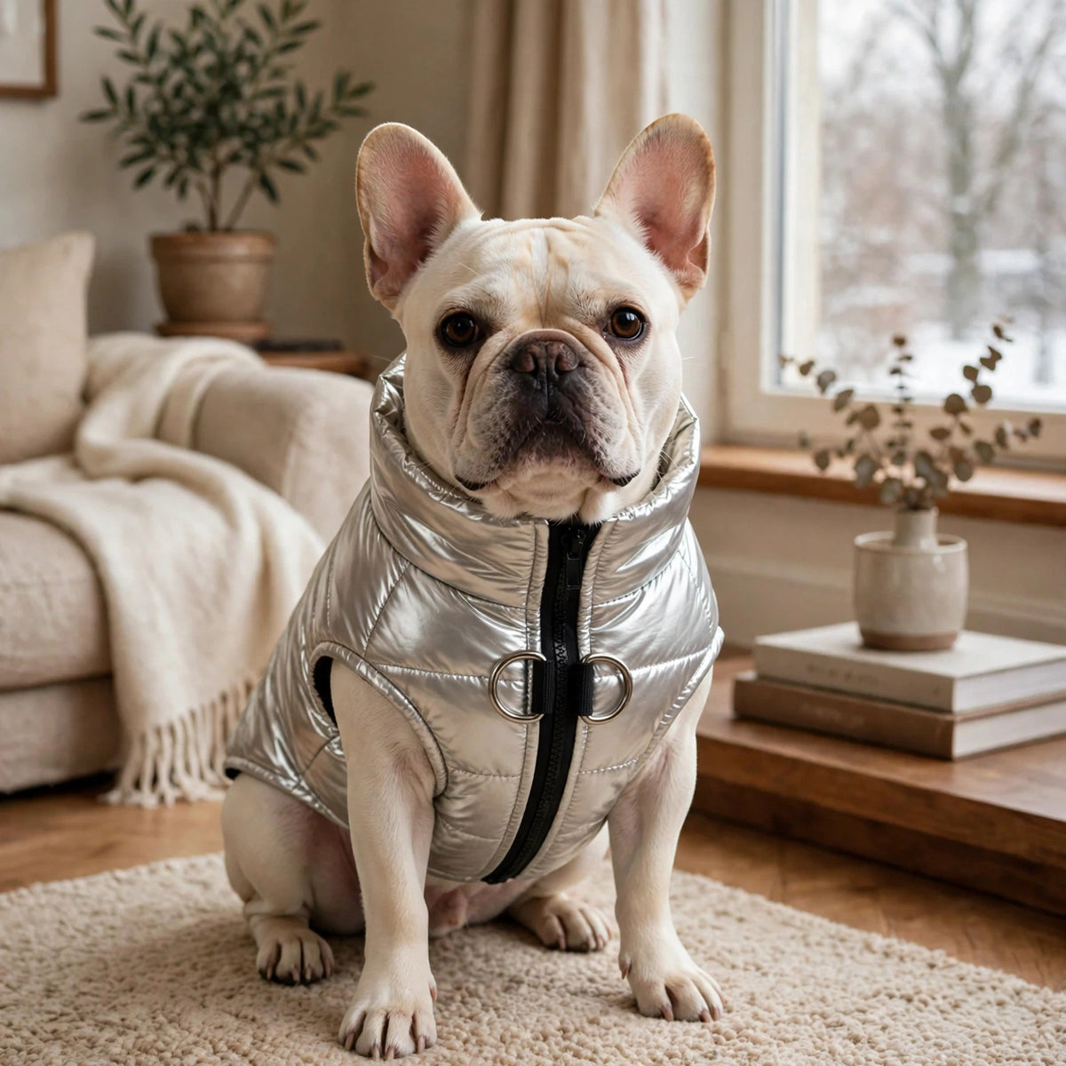 Carlin vu de profil sur fond neutre, portant un manteau pour chien doré métallisé matelassé à col haut et fermeture éclair noire
