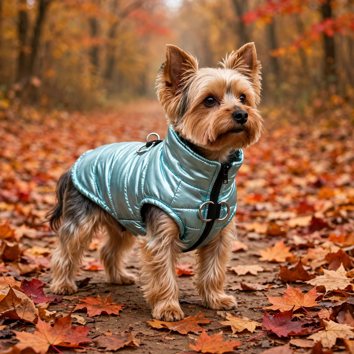 Yorkshire debout sur un sentier couvert de feuilles d'automne, portant un manteau pour chien bleu clair métallisé matelassé

