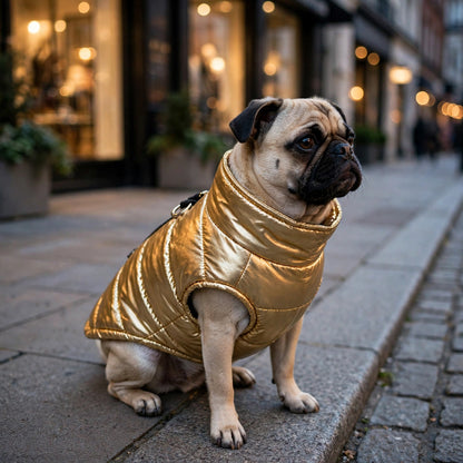 Carlin assis sur un trottoir devant une boutique, portant un manteau pour chien argenté métallisé matelassé
