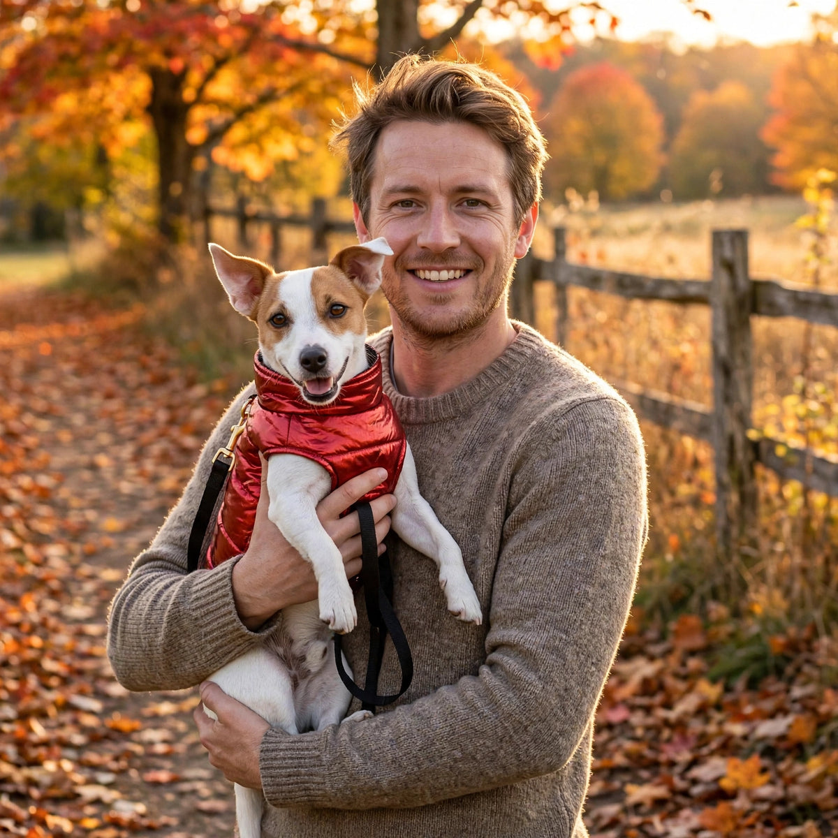 Homme tenant un jack russell dans un décor d'automne, le chien portant un manteau pour chien rouge métallisé matelassé

