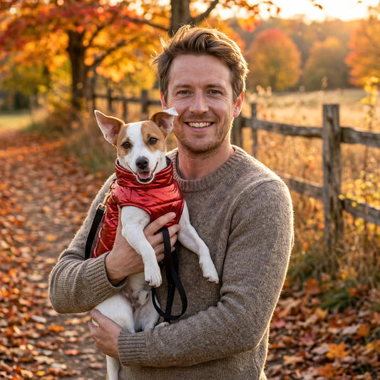 Homme tenant un jack russell dans un décor d'automne, le chien portant un manteau pour chien rouge métallisé matelassé

