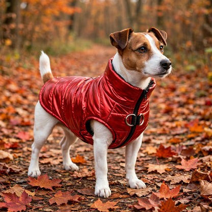 Jack russell debout sur un sentier couvert de feuilles d'automne, portant un manteau pour chien rouge métallisé matelassé

