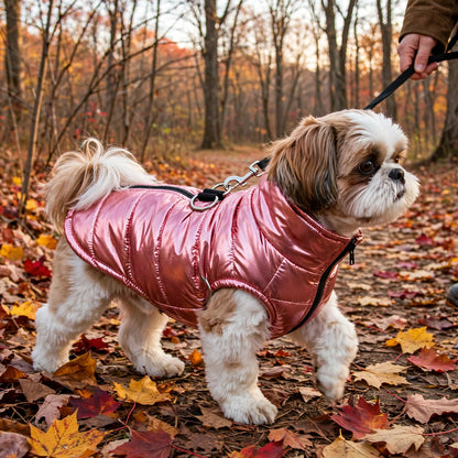 Shih tzu en promenade dans une forêt d'automne, portant un manteau pour chien rose métallisé, laisse attachée à l'anneau du dos
