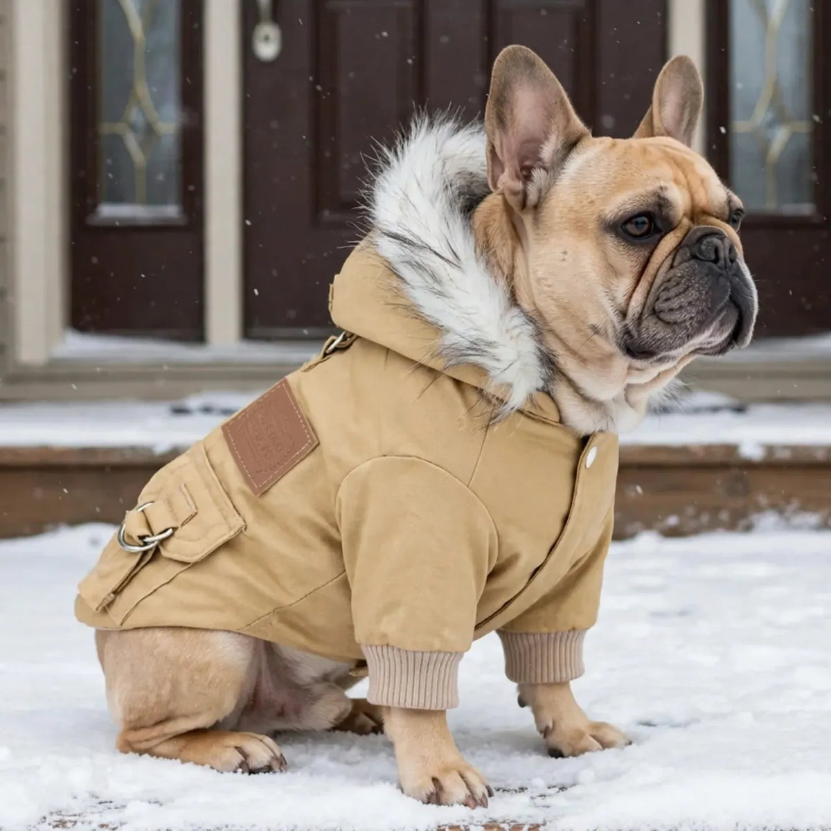 Bouledogue portant un manteau hiver pour chiot beige
