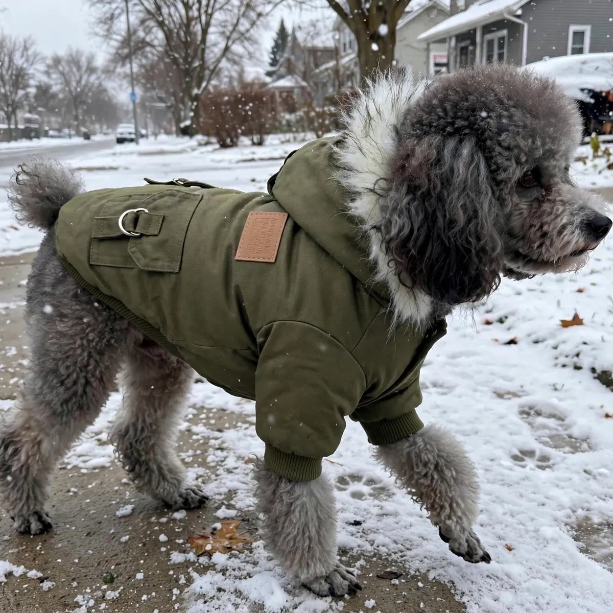 Caniche portant un manteau hiver pour chiot vert, manteau pour petit chien
