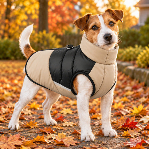 Jack Russell portant un manteau pour chien chaud matelassé beige, en extérieur
