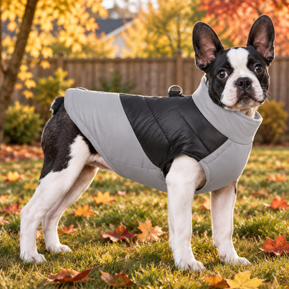 Boston terrier portant un manteau pour chien chaud matelassé gris, en extérieur
