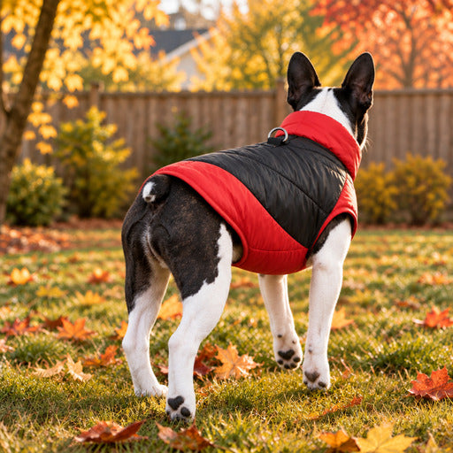 Boston terrier vu de dos portant un manteau pour chien chaud matelassé rouge, en promenade en automne
