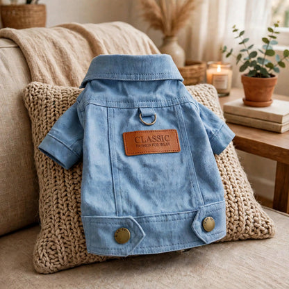 Manteau bleu style denim pour petit chien, posé sur un coussin dans un salon, avec écusson et anneau en D pour la laisse
