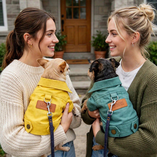 Deux sœurs discutant devant la maison, chacune tenant son chien dans ses bras, l'un portant un manteau vert style denim et l'autre un manteau jaune style denim, avec écusson et anneau en D pour la laisse