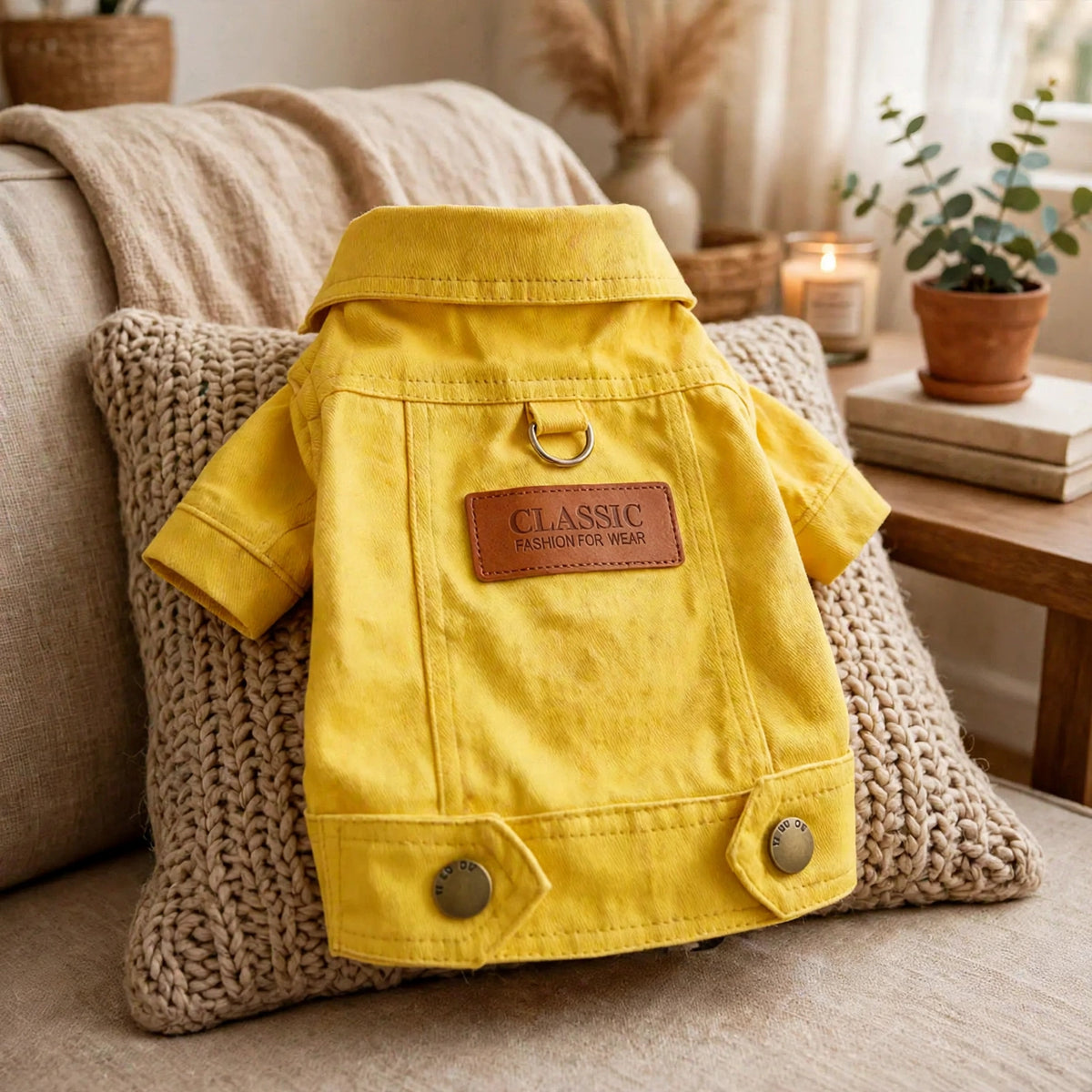 Manteau jaune style denim pour petit chien, posé sur un coussin dans un salon, avec écusson et anneau en D pour la laisse