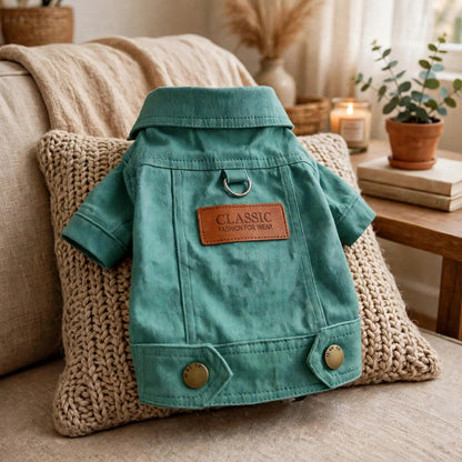 Manteau vert style denim pour petit chien, posé sur un coussin dans un salon, avec écusson et anneau en D pour la laisse