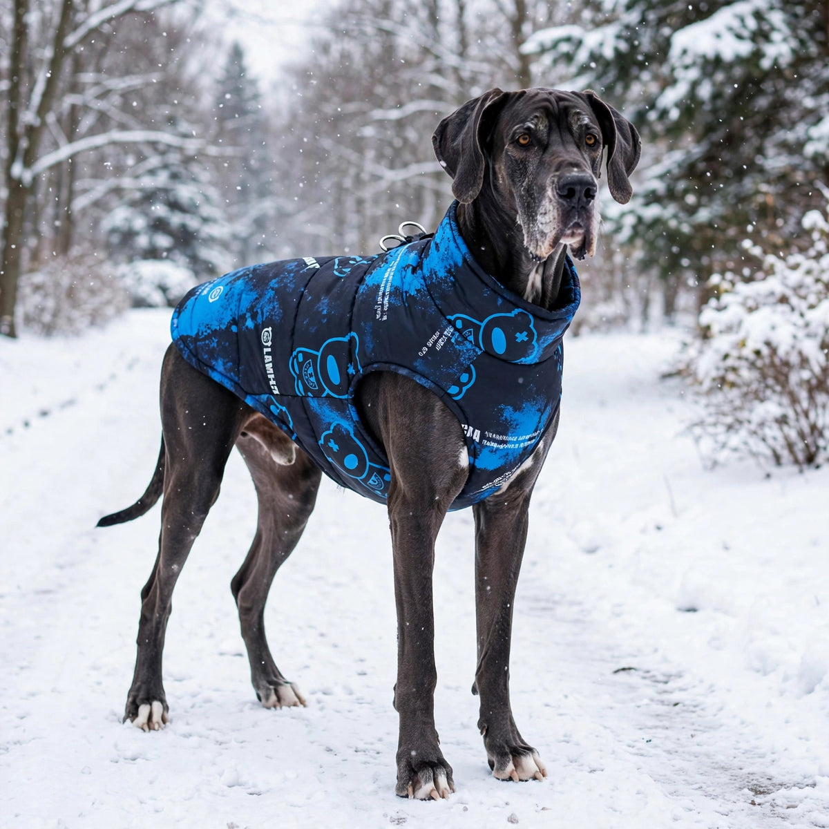 Grand danois portant un manteau pour chien bleu grande taille
