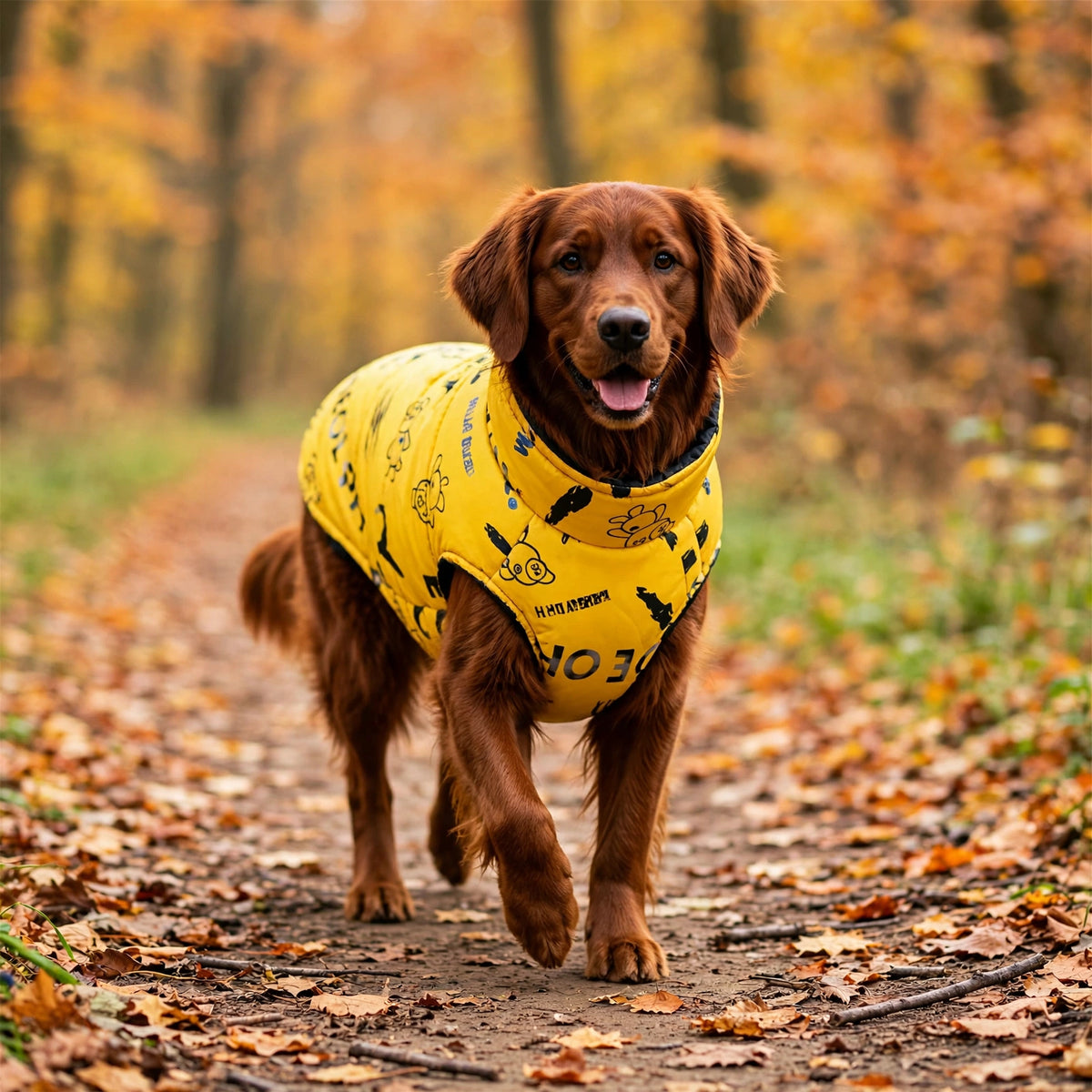 Golden retriever roux portant un manteau pour chien jaune grande taille, vu de face en trois-quarts
