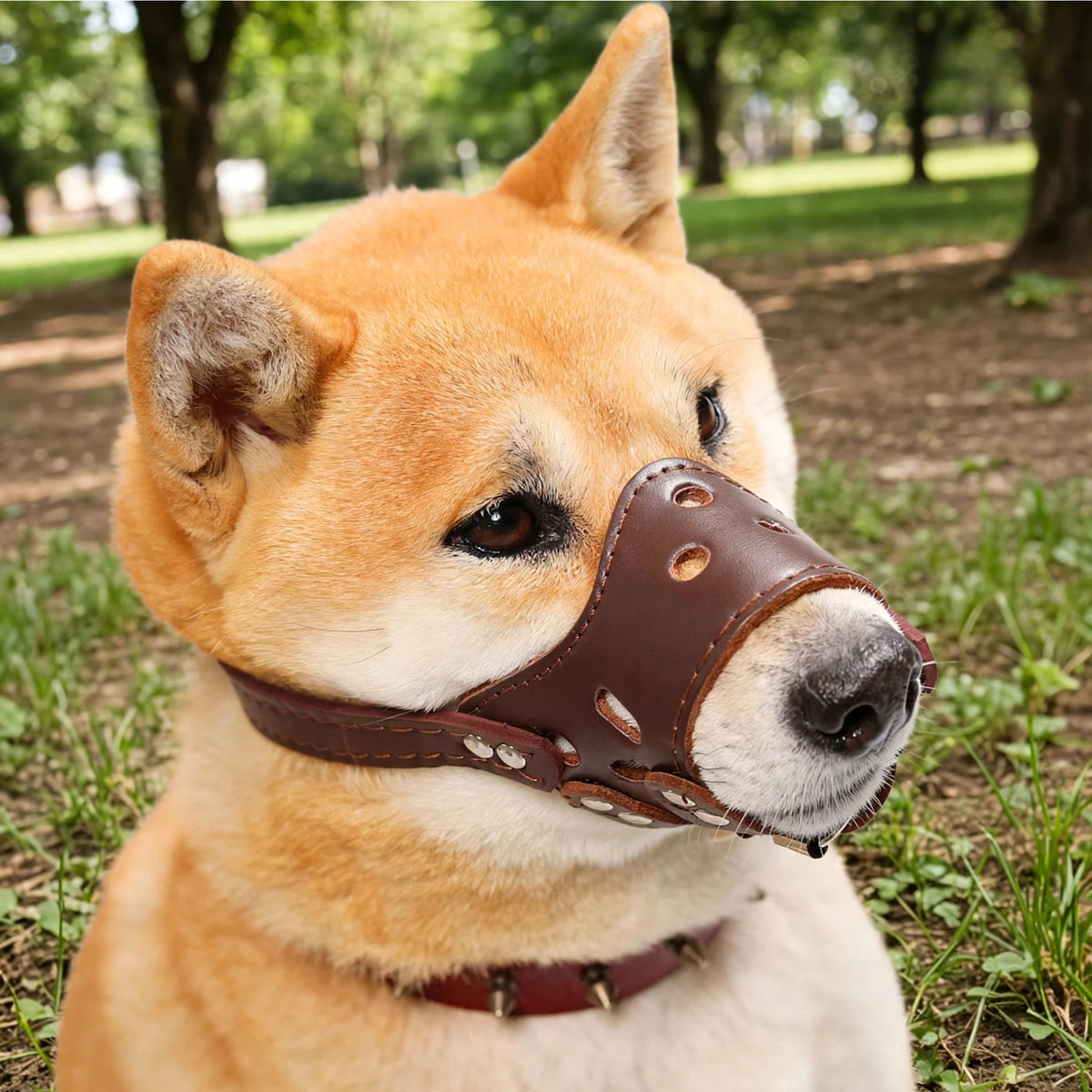Shiba inu portant la muselière brune en cuir dans un parc 
