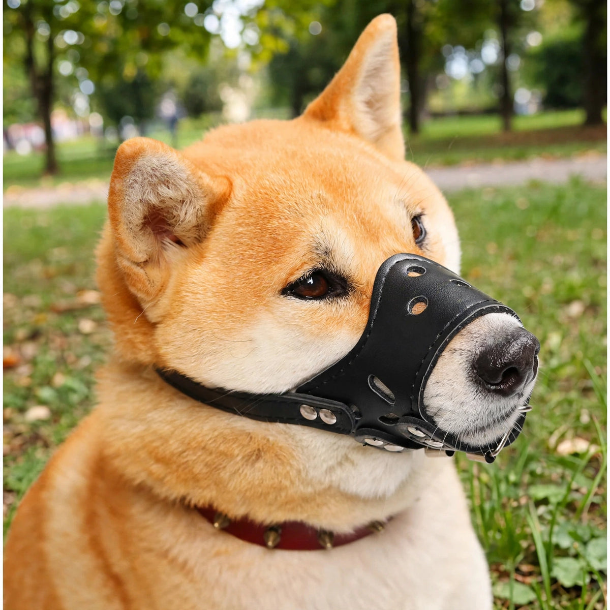 Shiba inu portant la muselière noire en cuir dans un parc 