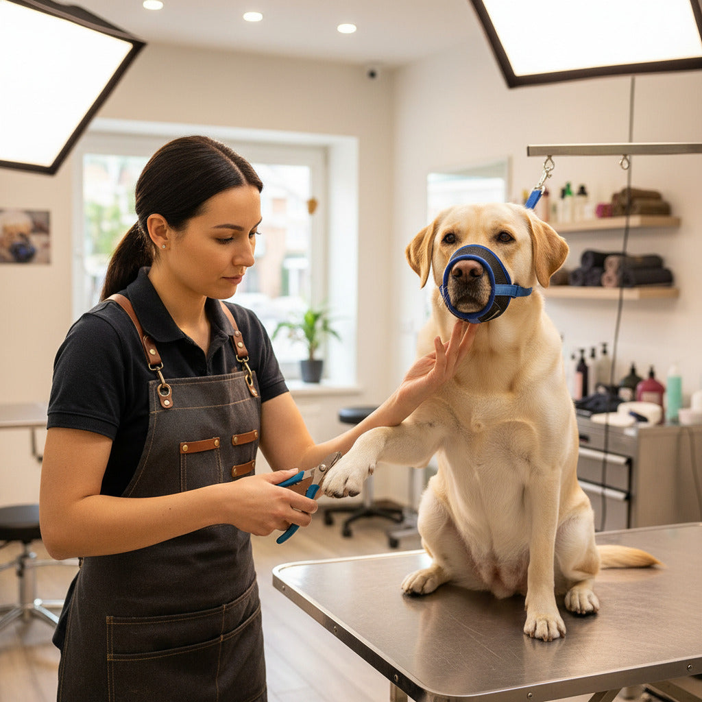 muselière anti-aboiement sangle élastique bleu labrador toiletteuse