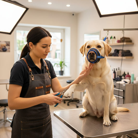 muselière anti-aboiement sangle élastique bleu labrador toiletteuse