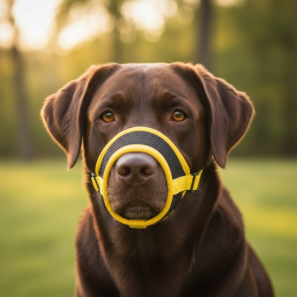 muselière anti-aboiement sangle élastique jaune labrador