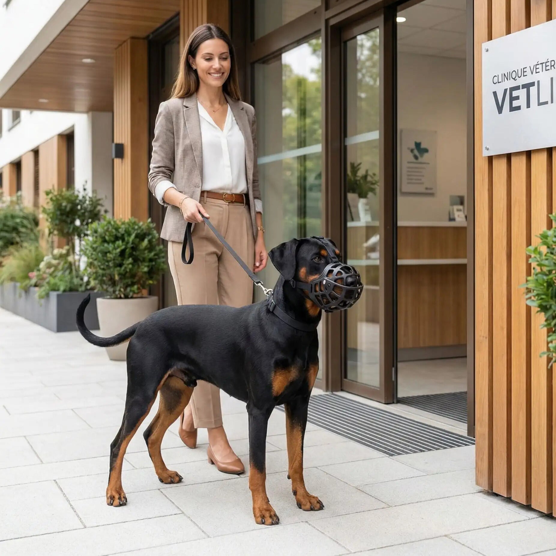 muselière résistante anti-casse rottweiler chez vétérinaire