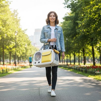 Sac de transport pour Chien jaune tenu marche