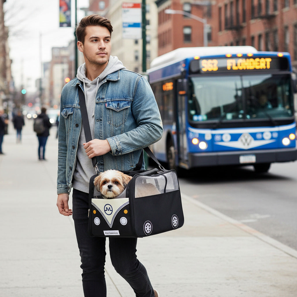 sac transport chien motif autobus noir trottoir
